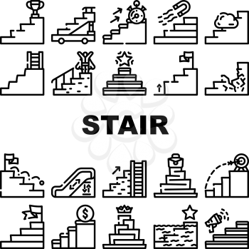 Stair And Achievement Collection Icons Set Vector. Career Stair And Business Target, Competition Event Win And Financial Wellbeing Black Contour Illustrations