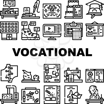 Vocational School Collection Icons Set Vector. Brickwork And Pottery, Cooking And Design Video Courses, Diploma Of Vocational School Black Contour Illustrations