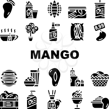 Mango Tropical Fruit Collection Icons Set Vector. Mango Juice And Jam, Ice Cream And Vinegar, Canned Food And Tea, Soap And Aroma Diffuser Glyph Pictograms Black Illustrations