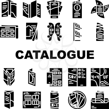 Catalog And Booklet Collection Icons Set Vector. Clothing Fashion Catalog And Promotional Brochure, Informational Flyer And Shelf Glyph Pictograms Black Illustrations