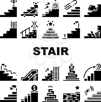 Stair And Achievement Collection Icons Set Vector. Career Stair And Business Target, Competition Event Win And Financial Wellbeing Glyph Pictograms Black Illustrations