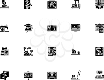 Vocational School Collection Icons Set Vector. Brickwork And Pottery, Cooking And Design Video Courses, Diploma Of Vocational School Glyph Pictograms Black Illustrations