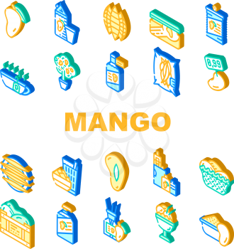Mango Tropical Fruit Collection Icons Set Vector. Mango Juice And Jam, Ice Cream And Vinegar, Canned Food And Tea, Soap And Aroma Diffuser Isometric Sign Color Illustrations