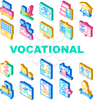 Vocational School Collection Icons Set Vector. Brickwork And Pottery, Cooking And Design Video Courses, Diploma Of Vocational School Isometric Sign Color Illustrations