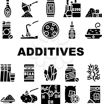 Food Additives Formula Collection Icons Set Vector. Corn Syrup And Sugar Substitute, Chemical Inventory And Amino Acids Food Additives Glyph Pictograms Black Illustrations