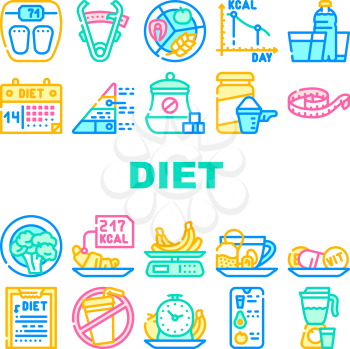 Diet Products And Tool Collection Icons Set Vector. Vegetarian Diet And Description, Fat Burning Tea And Smoothie Drink, Flexible Meter And Caliper Concept Linear Pictograms. Contour Illustrations