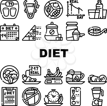 Diet Products And Tool Collection Icons Set Vector. Vegetarian Diet And Description, Fat Burning Tea And Smoothie Drink, Flexible Meter And Caliper Black Contour Illustrations