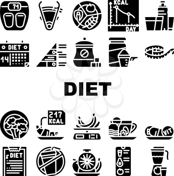 Diet Products And Tool Collection Icons Set Vector. Vegetarian Diet And Description, Fat Burning Tea And Smoothie Drink, Flexible Meter And Caliper Glyph Pictograms Black Illustrations