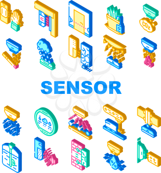Sensor Electronic Tool Collection Icons Set Vector. Motion And Vibration, Beam And Humidity, Plant Watering And Dimension Gauge, Fire And Smoke Sensor Isometric Sign Color Illustrations