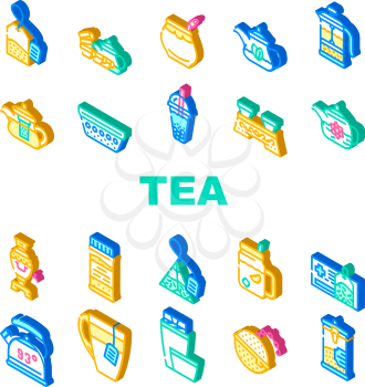 Tea Healthy Drink Collection Icons Set Vector. Ceremony Table And Dish For Drinking Healthcare Tea, Teapot And Cup, Bag And Mesh Of Beverage Isometric Sign Color Illustrations