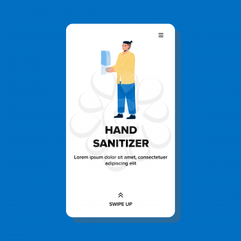 Hand Sanitizer Using Man For Palm Hygiene Vector. Guy Washing With Hygienic Hand Sanitizer In Restroom. Character Boy Antibacterial Alcohol Gel Treatment Web Flat Cartoon Illustration