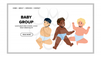 Baby Group Relax In Nursery Children Room Vector. Smiling Multiracial Baby Group Playing Together In Kindergarten Playroom. European, Asian And African Characters Kids Web Flat Cartoon Illustration
