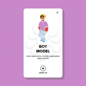 Boy Model In Style Clothes On Fashion Show Vector. Boy Model Wearing Stylish Clothing And Sunglasses Posing On Presentation Fashionable Garment Event. Character Child Web Flat Cartoon Illustration