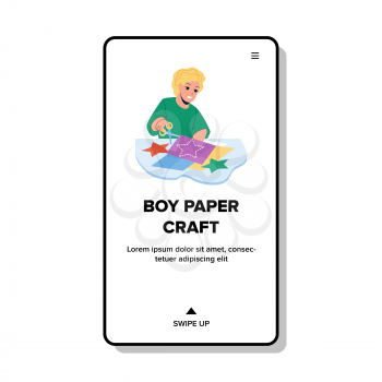 Boy Paper Craft Decoration With Scissors Vector. Little Boy Paper Craft On Creativity Lesson Courses For Children. Character Pupil Educational Handmade Web Flat Cartoon Illustration