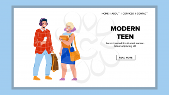 Modern Teen In Stylish Clothes With Gadgets Vector. Young Boy And Girl Modern Teen Wearing Fashion Clothing And Use Gadget Technology. Characters Cool Teenagers Web Flat Cartoon Illustration