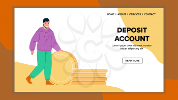 Deposit Account In Bank For Safe Money Vector. Businessman Transferring Coins On Deposit Account For Earning Percents Or Investment Finance. Character Financial Business Web Flat Cartoon Illustration