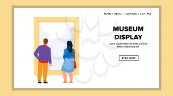 Museum Display Looking Man And Woman Couple Vector. Young Boy And Girl Togetherness Look At Museum Display. Characters Guy And Lady Visitors Exhibition In Gallery Web Flat Cartoon Illustration