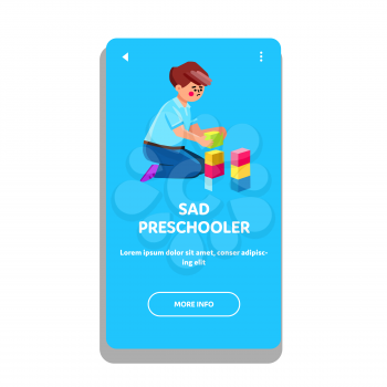 Sad Preschooler Boy Playing With Blocks Toy Vector. Sad Preschooler Child Building Tower With Multicolor Cubes. Character With Negative Emotion Leisure Time Web Flat Cartoon Illustration