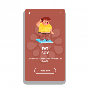 Confused Fat Boy Standing On Digital Scale Vector. Sad Fat Boy Staying On Electronic Device For Measuring Weight. Character Obese Child On Measurement Gadget Web Flat Cartoon Illustration