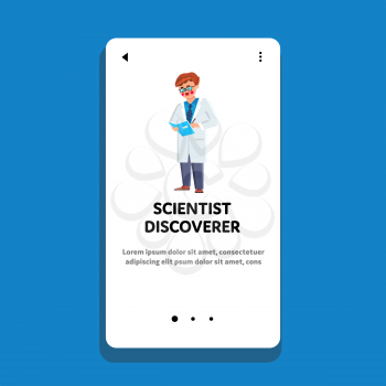 Scientist Discoverer Noting Test Result Vector. Obese Scientist Discoverer Analyzing Experiment And Writing Surveillance In Notebook. Character Laboratory Worker Man Web Flat Cartoon Illustration