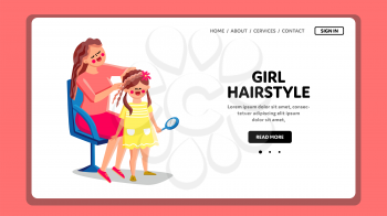 Girl Hairstyle Doing Mother For Daughter Vector. Happy Woman Hairdresser Making Attractive Girl Hairstyle For Children Party Or Birthday. Characters Beauty Treatment Web Flat Cartoon Illustration