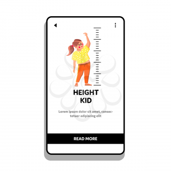 Height Kid Measurement Growth Scale On Wall Vector. Measuring Height Kid Girl In Kindergarten With Drawn Markers. Funny Cheerful Character Preteen Child Web Flat Cartoon Illustration