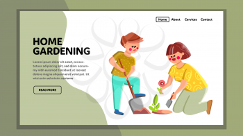 Home Gardening Son And Mother Together Vector. Boy With Shovel Helping And Assisting Woman Gardening Aromatic Flower In Garden. Characters Family Hobby Occupation Web Flat Cartoon Illustration