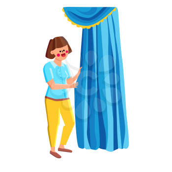 Woman Standing Near Beautiful Curtains Vector. Young Girl Staying Near Attractive Textile Curtains, Window Elegant Accessory. Character Lady And Fabric Drapes Flat Cartoon Illustration