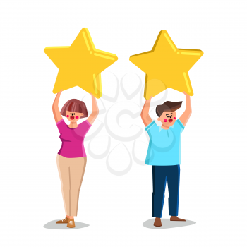Boy And Girl Customer Reviews And Feedback Vector. Young Man And Woman Clients Holding Star And Rating Customer Reviews After Purchase Or Service. Characters Flat Cartoon Illustration