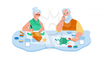 Senior Man And Woman Painting In Art Class Vector. Elderly Grandfather And Grandmother Couple Drawing Image In Art Studio Together. Characters Creativity Occupation Flat Cartoon Illustration