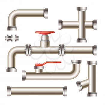 Pipeline With Gate Valve And Faucet Set Vector. Collection Of Steel Metal Water, Oil Or Gas Pipeline And Connection Detail. Sewerage Drainage System Template Realistic 3d Illustrations