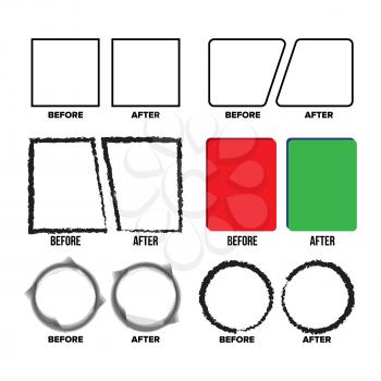 Geometrical Figures Before And After Set Vector. Collection Of Before And After Empty Square And Circle Shapes. Red And Green Rectangle. Comparison Shapes Concept Template Illustrations