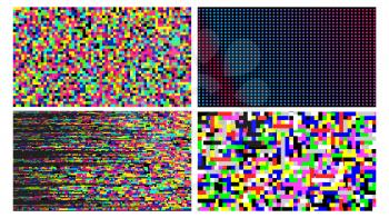 Pixel Noise Of Channel Grain Screen Set Vector. Collection Of Different Glowing Digital Led Pain Screen. Glitch Effect Of Video Snow Interference. Display Panel Light Template Color Illustrations