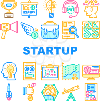 Startup Business Work Collection Icons Set Vector. Researching Market And Analyzing Price For Startup, Creative Brainstorm And Counting Money Profit Line Pictograms. Contour Color Illustrations