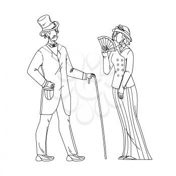 1900 Victorian People Lady And Gentleman Black Line Pencil Drawing Vector. Victorian Style Couple Man With Cane And Woman With Fan In Retro Clothes. Characters Elegant Vintage Clothing Illustration