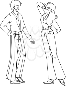 Fashion 1970 Year Disco Style Young People Black Line Pencil Drawing Vector. Man And Woman Wearing Fashion 1970 Clothes, Retro Costume. Characters Vintage Stylish Dressed, Glamor Clothing Illustration