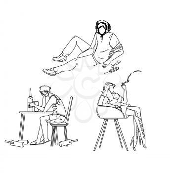 Alcohol, Smoke And Drug People Addiction Black Line Pencil Drawing Vector. Alcoholic Drunk Man, Junkie Addict And Smoker Woman Unhealthy Addiction. Characters Smoking, Narcotic And Alcoholism Problems Illustration