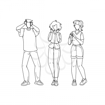 People With Admiration Emotion Screaming Black Line Pencil Drawing Vector. Young Man And Women Scream In Surprise And Gesture Admiration Together. Delighted Expression Characters Boy And Girls Illustration