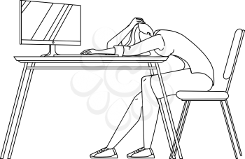 Business Woman Asleep At Desk In Office Black Line Pencil Drawing Vector. Overworked Young Businesswoman Employee Asleep At Desk. Character Girl Worker Resting Sleeping On Workplace Table Illustration