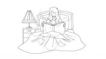 Woman Read Book In Bedroom Before Bedtime Black Line Pencil Drawing Vector. Girl Lying In Bed And Reading Book Or Magazine Article At Night Home. Character Lady Leisure And Resting Time Illustration
