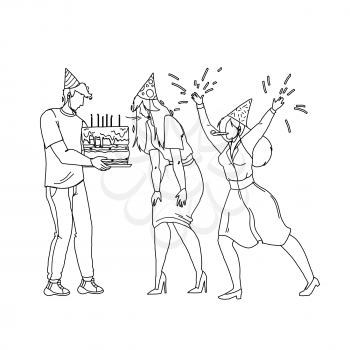 Happy Birthday Party Celebrating People Black Line Pencil Drawing Vector. Birthday Girl Blowing Candles On Celebration Cake. Characters Guests Man And Woman Congratulating With Anniversary Illustration