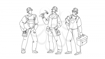 Builders With Building Equipment And Plan Black Line Pencil Drawing Vector. Builders Men Wearing Uniform And Protection Hat Holding Tool Box And Build Documentation Draft. Characters Foremen Illustration