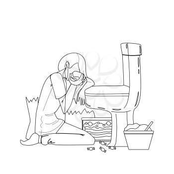 Woman Nutrition Disorder Bulimia Problem Black Line Pencil Drawing Vector. Young Sad And Depressed Bulimic Girl Feeling Sick Bulimia Guilty Sitting On Floor Leaning On Toilet Eating Burger. Character Illustration