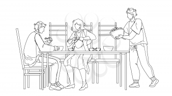 Business Dining And Meeting In Restaurant Black Line Pencil Drawing Vector. Businesspeople Have Dining And Celebrate Success Deal Contract. Characters Men And Woman Eating Food In Cafe Together Illustration