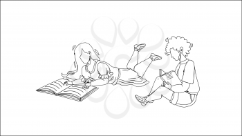 Children Read Information In Education Book Black Line Pencil Drawing Vector. Children Reading Educational Literature Or Interesting Story. Characters Boy And Girl Kids Lying On Floor And Learning Illustration