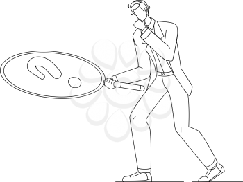 Businessman With Magnifier Looking Clue Black Line Pencil Drawing Vector. Young Man With Magnifying Glass Search Clue. Character Detective With Loupe And Question Searching Details Illustration