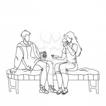In Coffee House Customers Have Meeting Black Line Pencil Drawing Vector. Young Man And Woman Sitting In Coffee House Drinking Energy Drink And Discussing Together. Characters In Coffeehouse Illustration