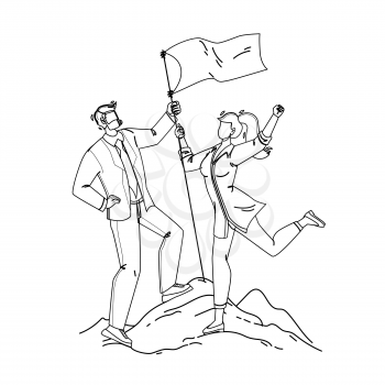 Man And Woman Couple Conquer Mountain Peak Black Line Pencil Drawing Vector. Businessman And Businesswoman Conquer Mount And Installation Flag. Character Businesspeople Leadership Career Illustration