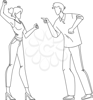 Man And Girl Couple Yelling At Each Other Black Line Pencil Drawing Vector. Young Boy And Girl Couple Yelling Shouting And Fighting. Angry Characters Lovers Quarreling Because Of Disagreements Illustration