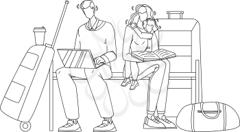 Delayed Flight Family Wait On Airport Black Line Pencil Drawing Vector. Man Working On Laptop And Woman Reading Book For Little Girl Daughter, Delay Problem. Characters And Luggage Illustration